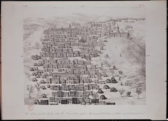 Ansicht eines Teils der Stadt Timbuktu von einem Hügel, Illustration aus 